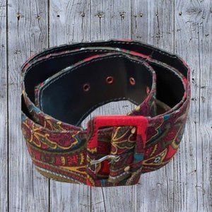 Womens Adjustable Belt Red Blue Yellow Paisley Buckle Vintage sz 14 Adjustable